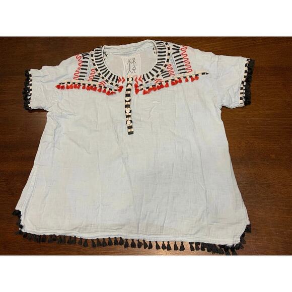 Johnny Was Tops - Johnny Was Embroidered Southwestern Boho Hippie Gauzy Top Women Medium Tassle